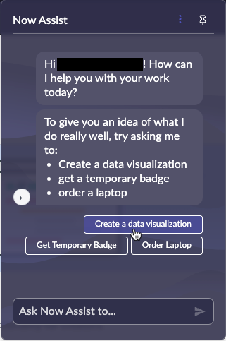 Now Assist panel showing option to create a data visualization.