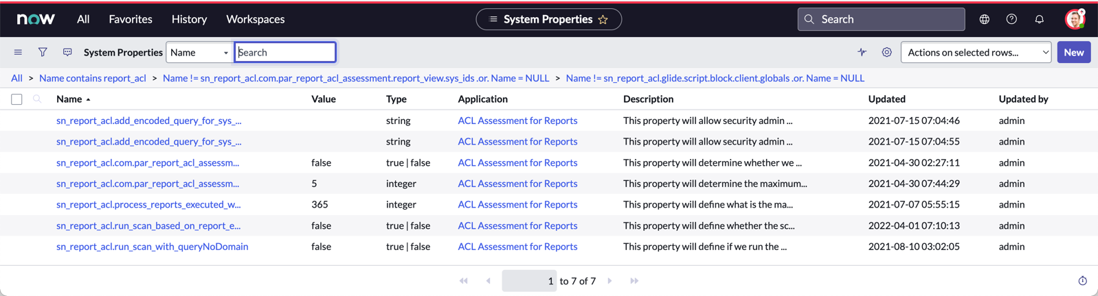 Filtered list of report ACL system properties