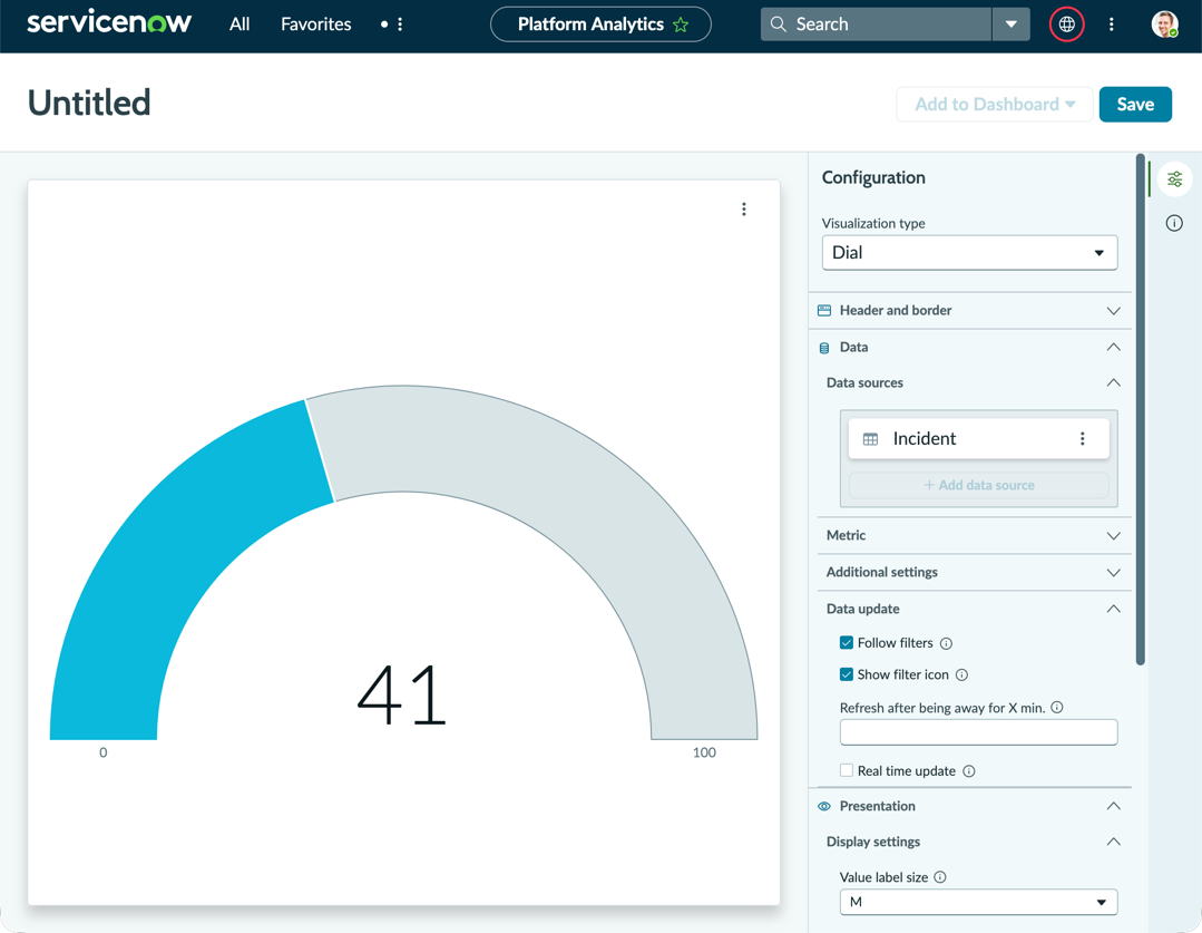 Untitled dial visualization showing the Incident table as data source