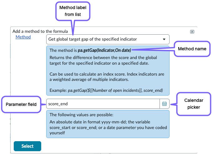 The Add a method to the formula dialog showing the method Get global target gap of the specified indicator selected and the date specified as the last score collected