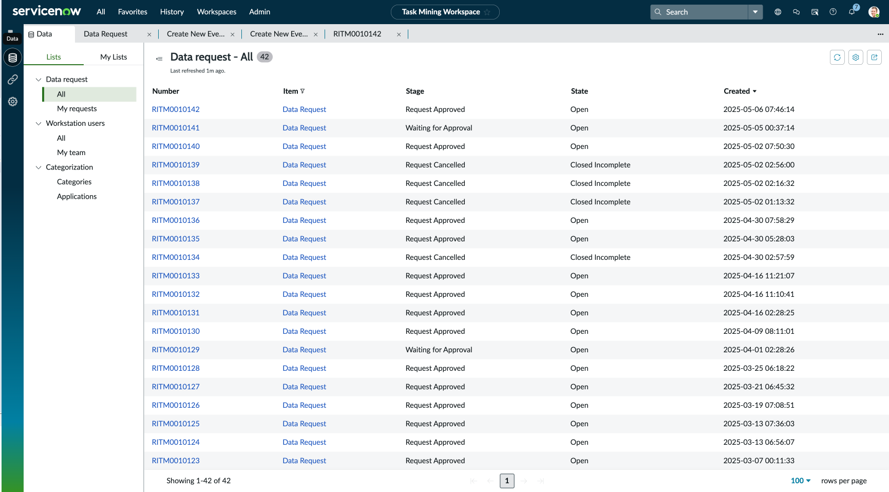 Screenshot showing the Data page in Task Mining.