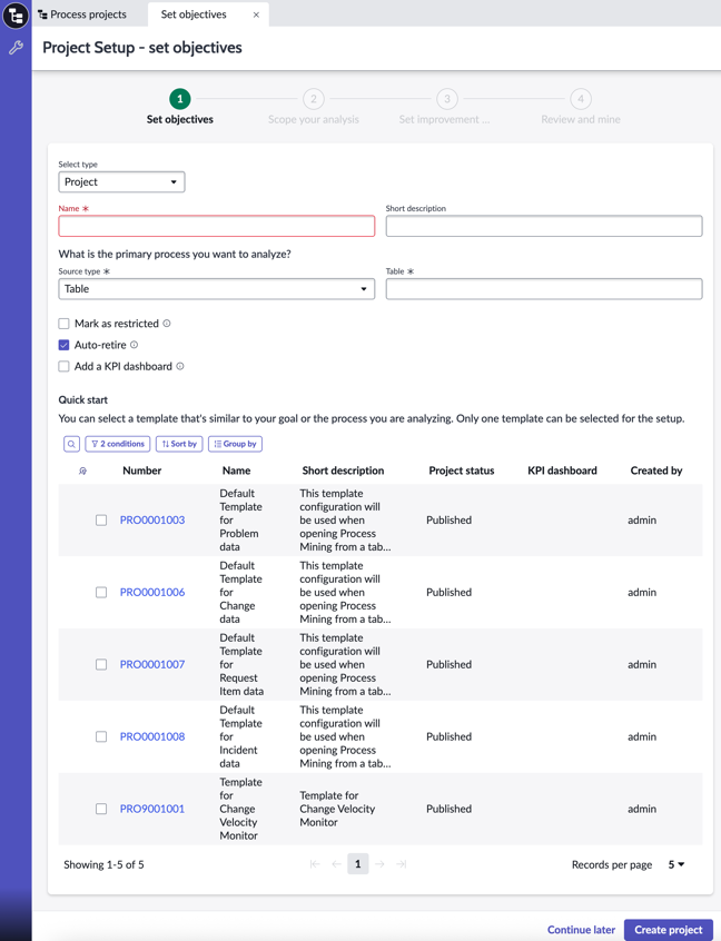 Project setup page