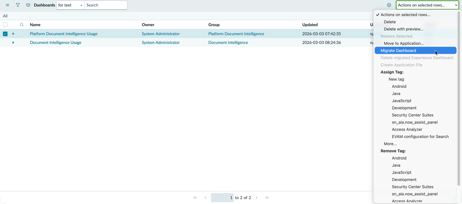 Dashboard list with three dashboards highlighted as well as the Migrate Dashboard link on the Actions on selected rows menu
