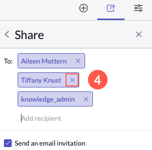 Sharing panel with X to remove a user from a dashboard highlighted with a 4 for step 4.