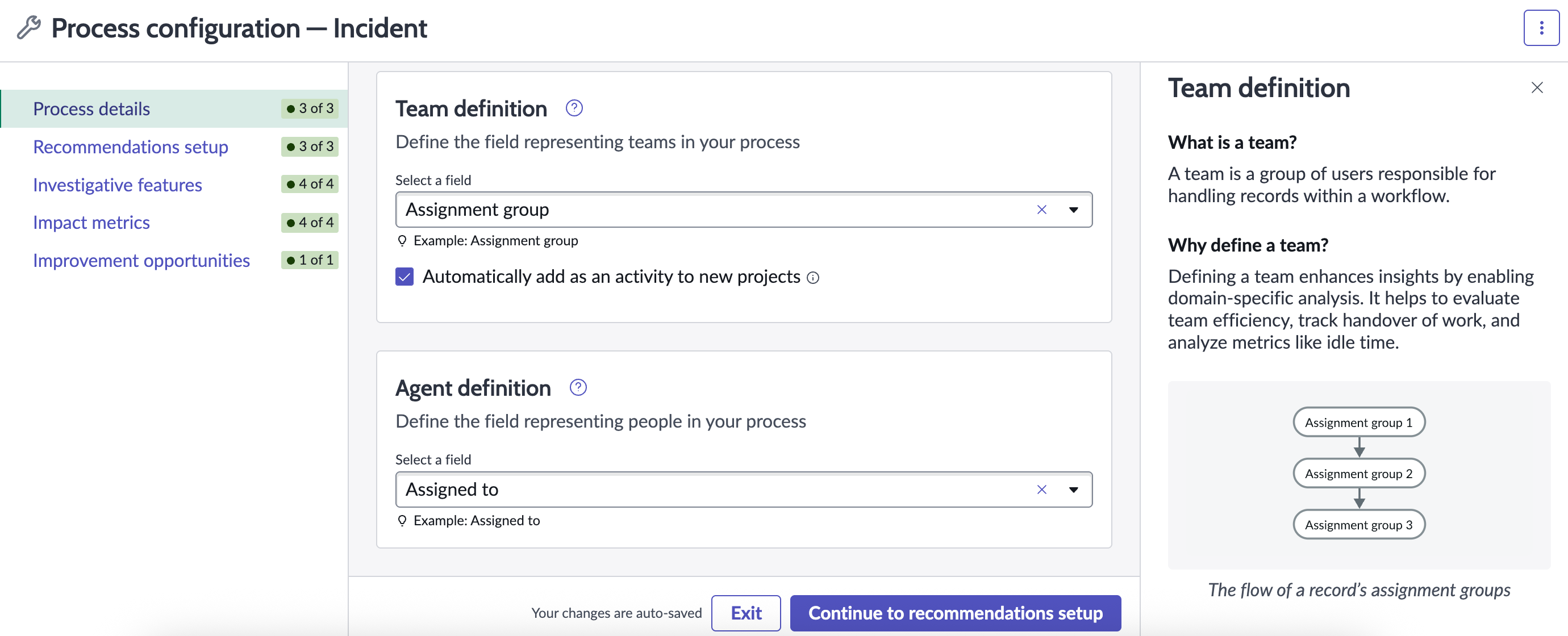 Team definition section in Process details for process configuration