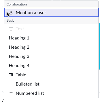 Markup options after typing a forward slash in the text area.