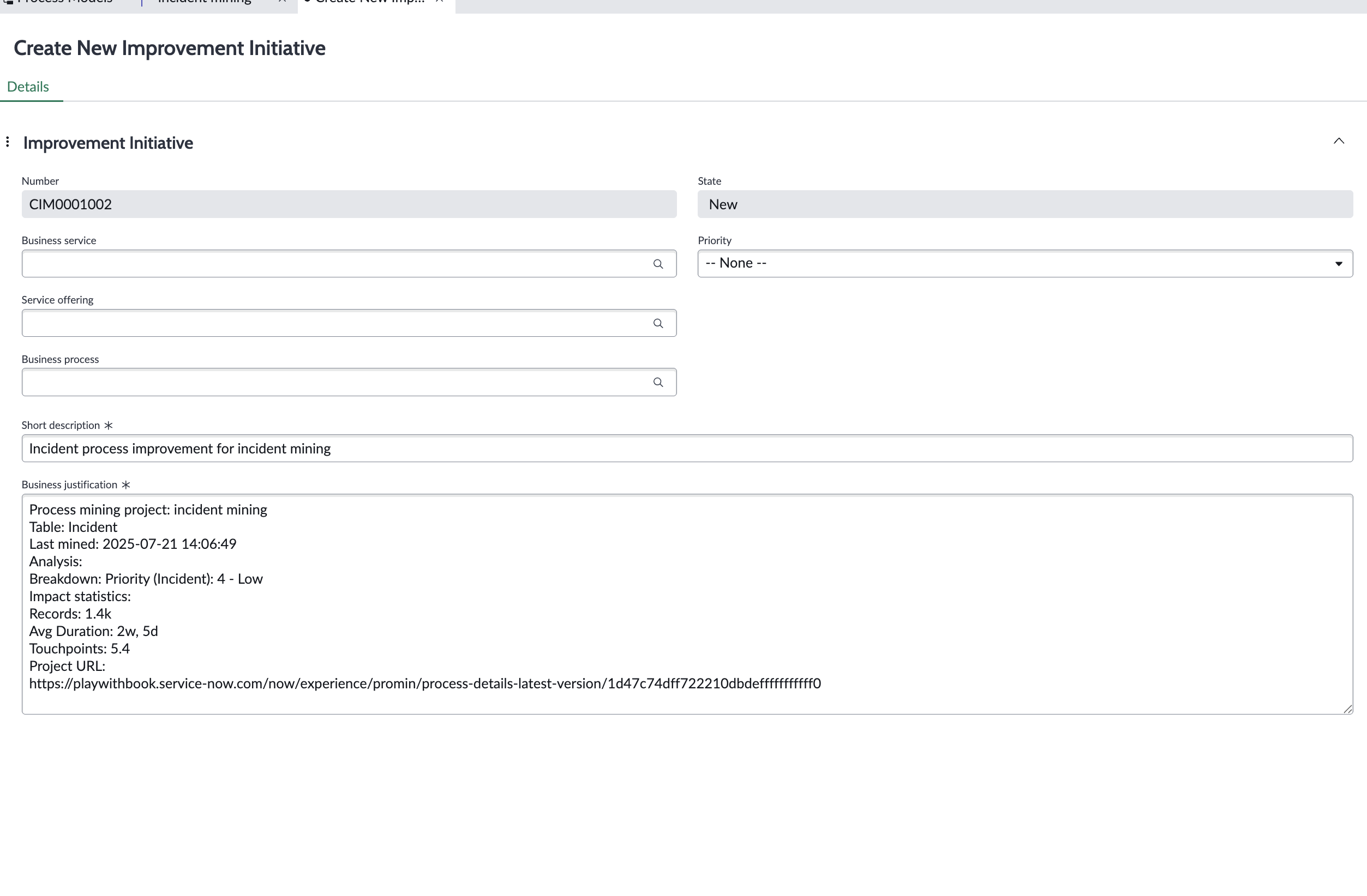 Prefilled improvement initiative page