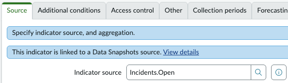 Classic and data snapshots sources in Source tab of indicator record.