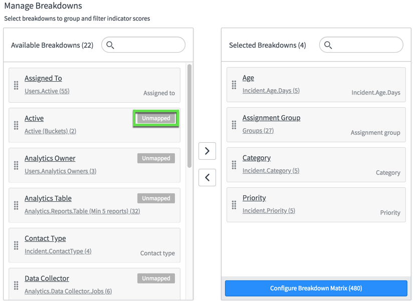 Manage Breakdowns slushbucket with unmapped flag highlighted.