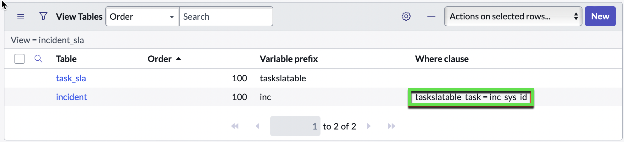 Database view tables list with Where clause highlighted