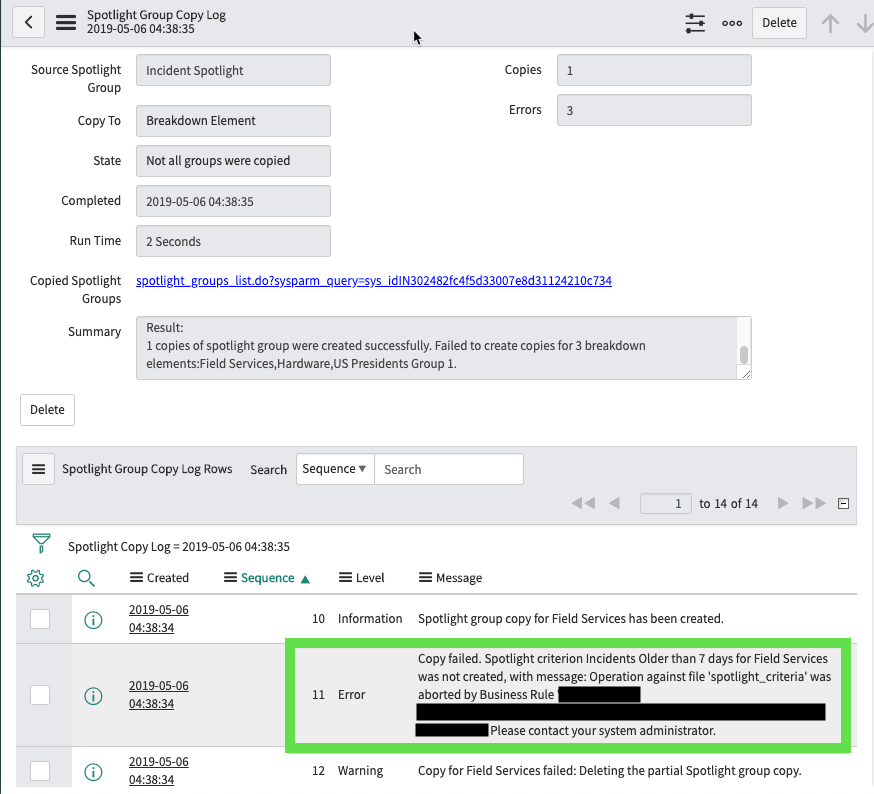 Spotlight group copy log showing one of three errors
