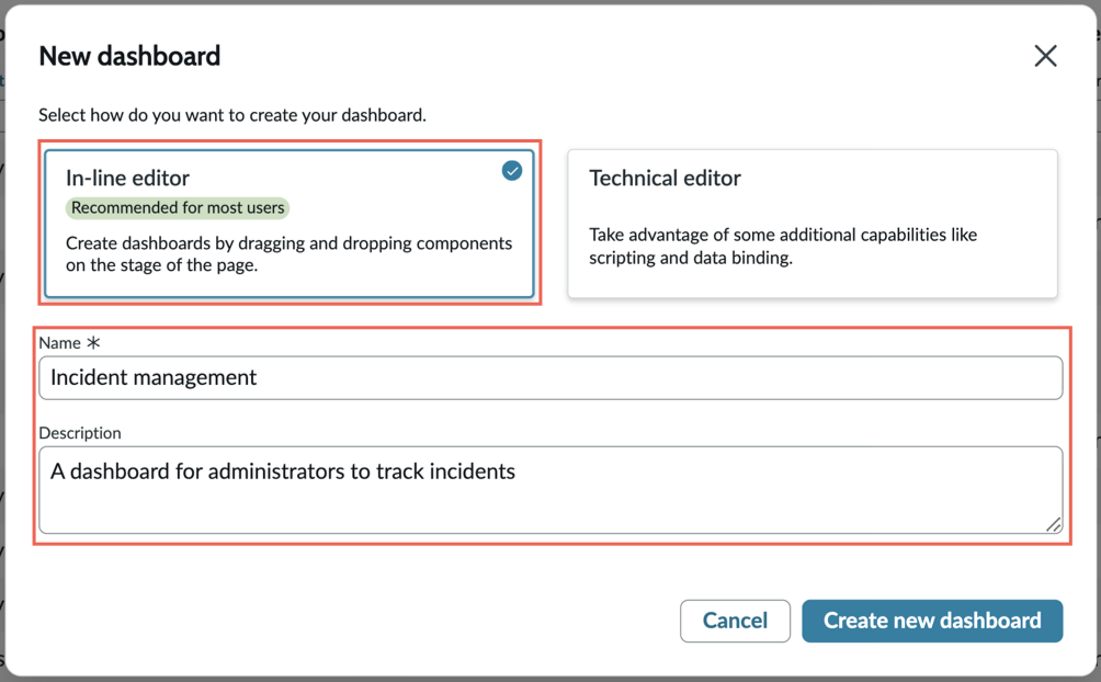 Create new inline dashboard modal