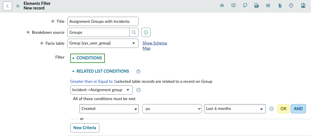 Element filter form showing related list condition example