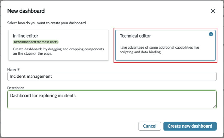 Create new technical dashboard modal