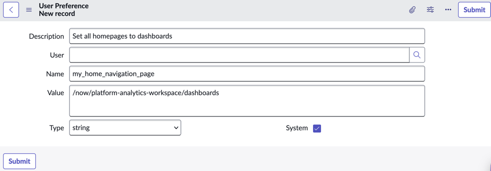 User preference form with description, name, type, and value filled in. User field is blank.