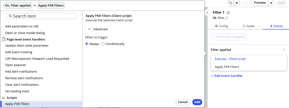 Adding the Apply PAR Filters script as the Filter applied event handler.
