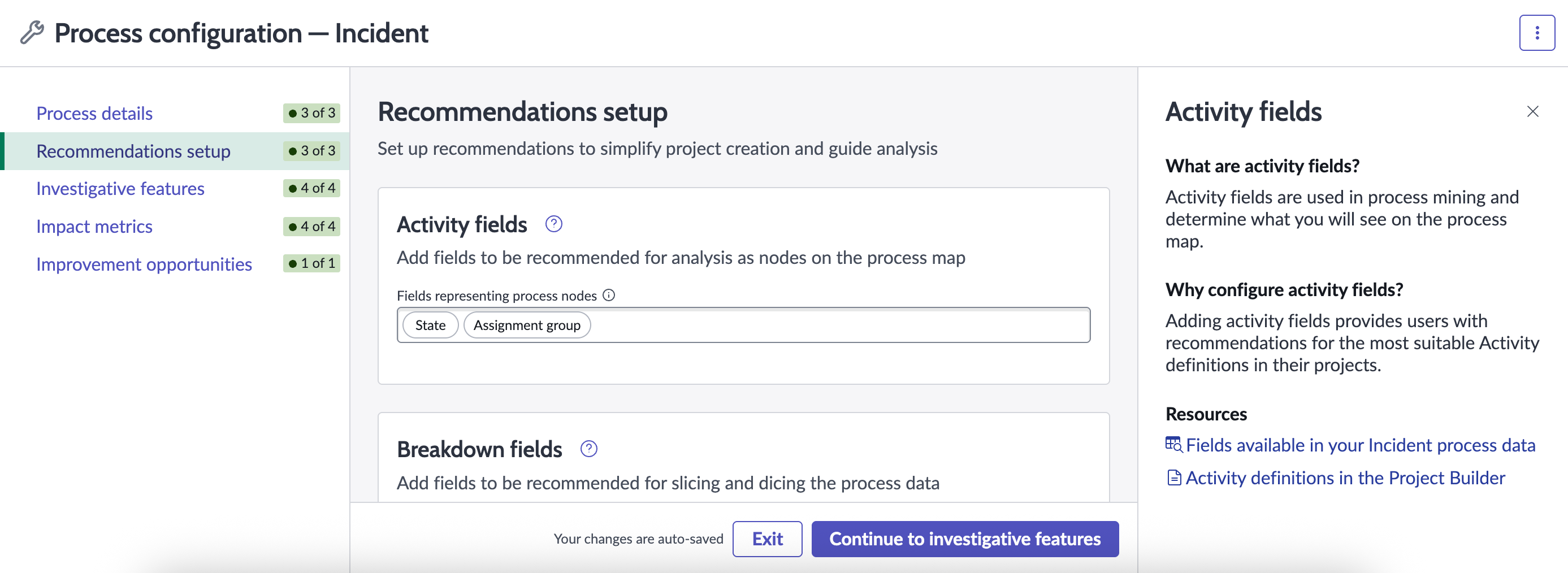 Activity fields in the Recommendations setup of process configuration