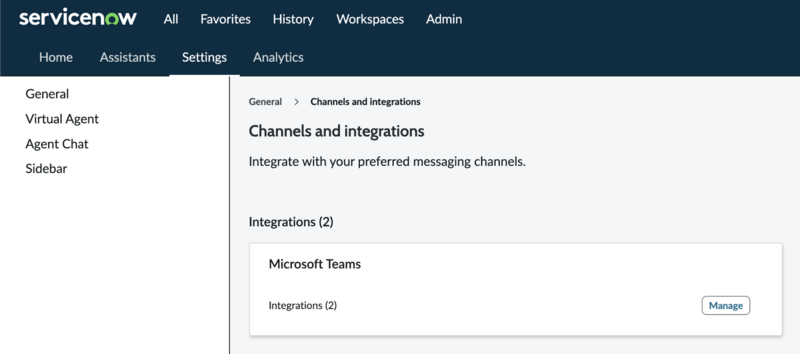 Conversational Interfaces Channels and integrations general settings portal showing Manage Microsoft Teams button.