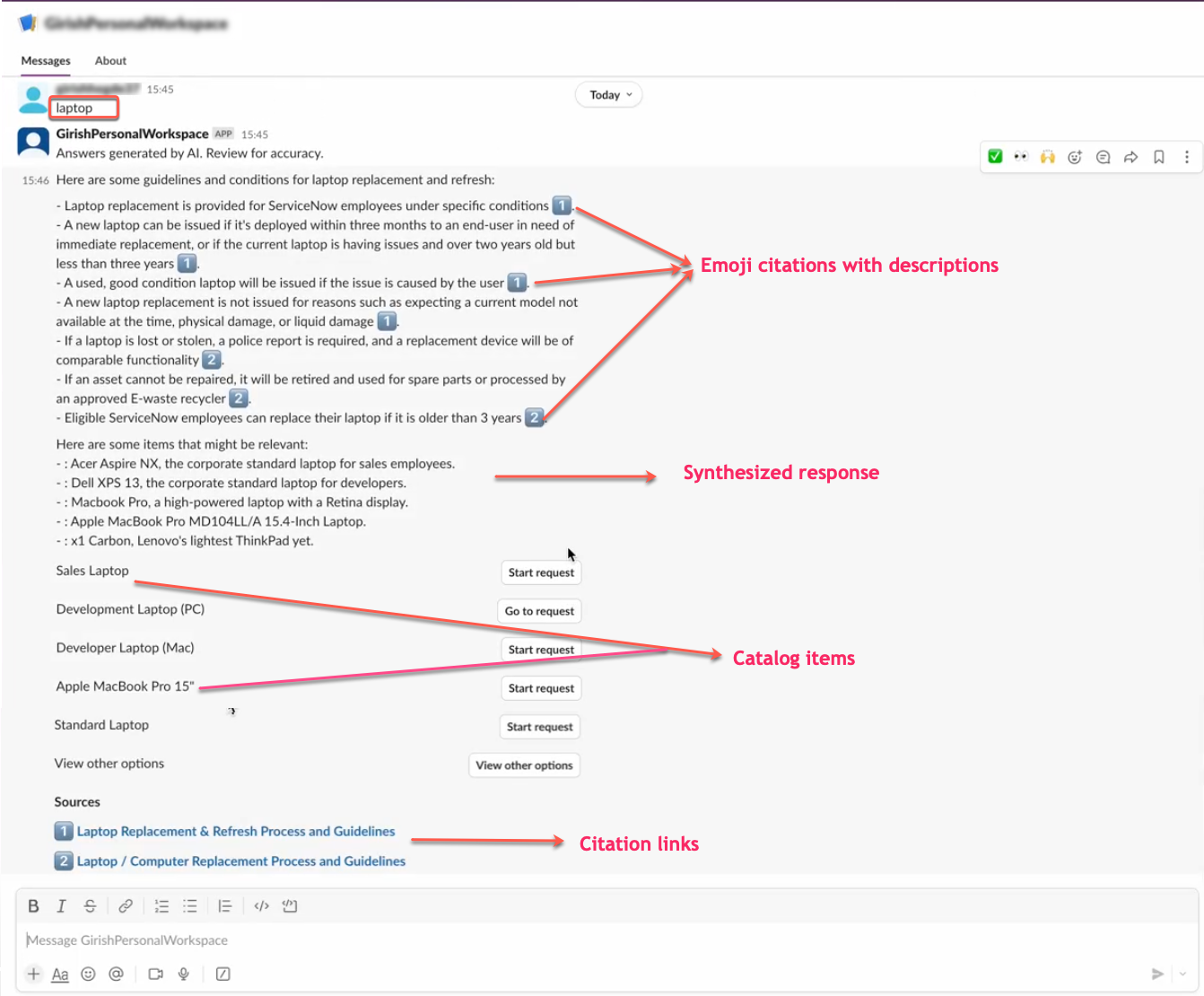 Slack Réponse synthétisée dans une Now Assist conversation activée.