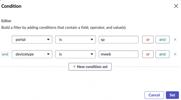 Simple condition builder with the conditions Portal is Service Portal and device type is chat widget.