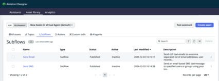 Subflows tab inAssistant Designer Asset library that displays basic information about conversational subflows in a list.