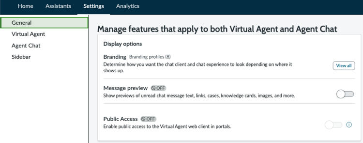 Chat client display options in Conversational Interfaces general settings.
