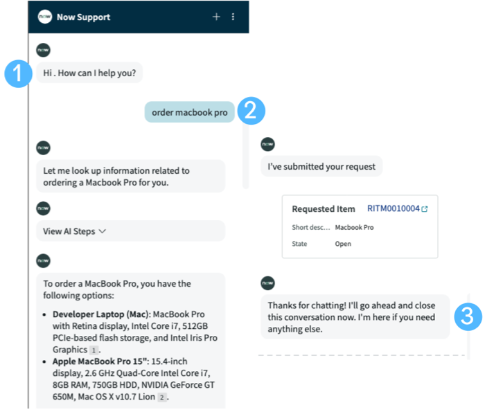 Virtual Agent conversation window showing pre-built setup topics: Greeting, Virtual Agent capabilities, Anything else, Survey, and Closing.