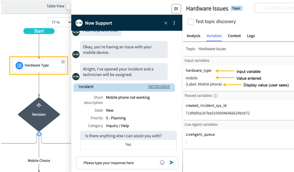 Variables tab that shows the input variables and values, next to a screen capture of the conversation flow.