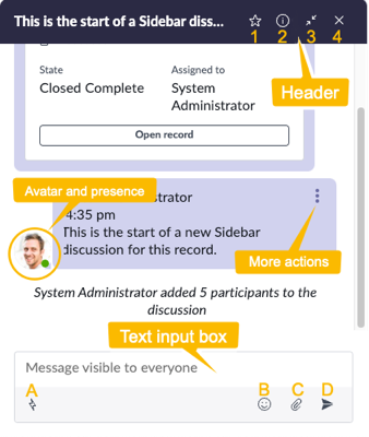 Sidebar docked window, with header, avatar and presence, more actions icon, and text input box highlighted.