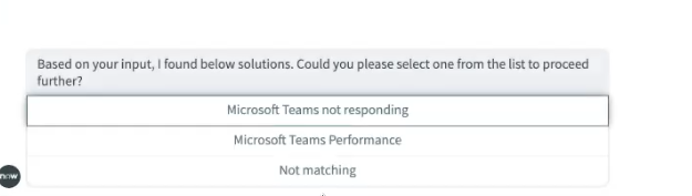 Virtual Agent chat window displaying solutions for Microsoft Teams not responding and Microsoft Teams performance. There is also an option for "Not matching."