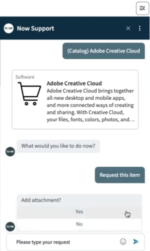 L’utilisateur a sélectionné Adobe Creative Cloud dans le catalogue. Agent virtuel demande : « Que souhaitez-vous faire maintenant ? » L’utilisateur répond : « Demander cet élément ».