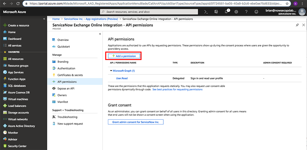Fügen Sie eine Berechtigung hinzu, die im Bereich „ServiceNow Exchange Online-Integration – API-Berechtigungen“ im Microsoft Azure-Portal hervorgehoben ist.