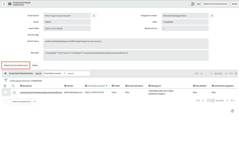 Hervorgehobene Schaltfläche „Aus E-Mail-Server löschen“ und Pfeil für Kontrollkästchen im Datensatz „E-Mail-Suchergebnis“.