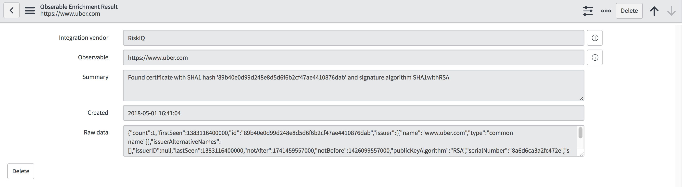 SSL-Zertifikatdatensatz mit Datei-Hash.