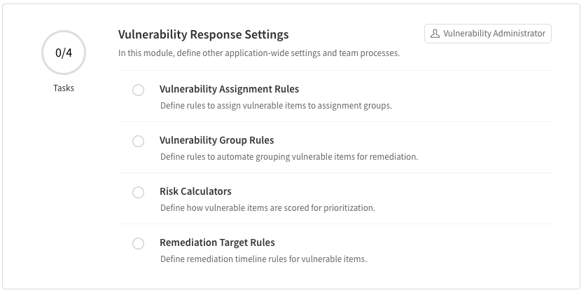 Abschnitt „Setup-Assistent Vulnerability Response-Einstellungen“, der Zuweisungsregeln für Schwachstellen, Regeln für Schwachstellengruppen, Risikorechner und Korrekturzielregeln enthält