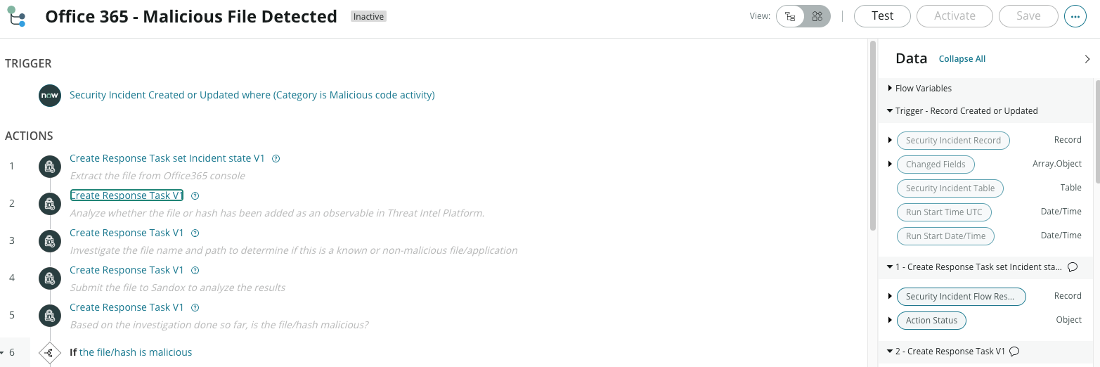 Übersicht über das Playbook „Office 365 – Malicious File Detected“.