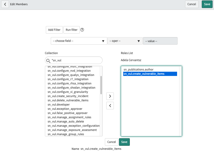 Verschieben der Rolle „sn_vul.create_vulnerable_items“ aus der Liste „Sammlung“ in die Liste „Rollen“.