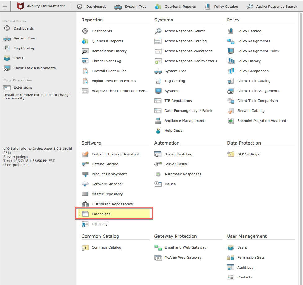 Hervorgehobene Erweiterungssoftwareoption in McAfee ePO.