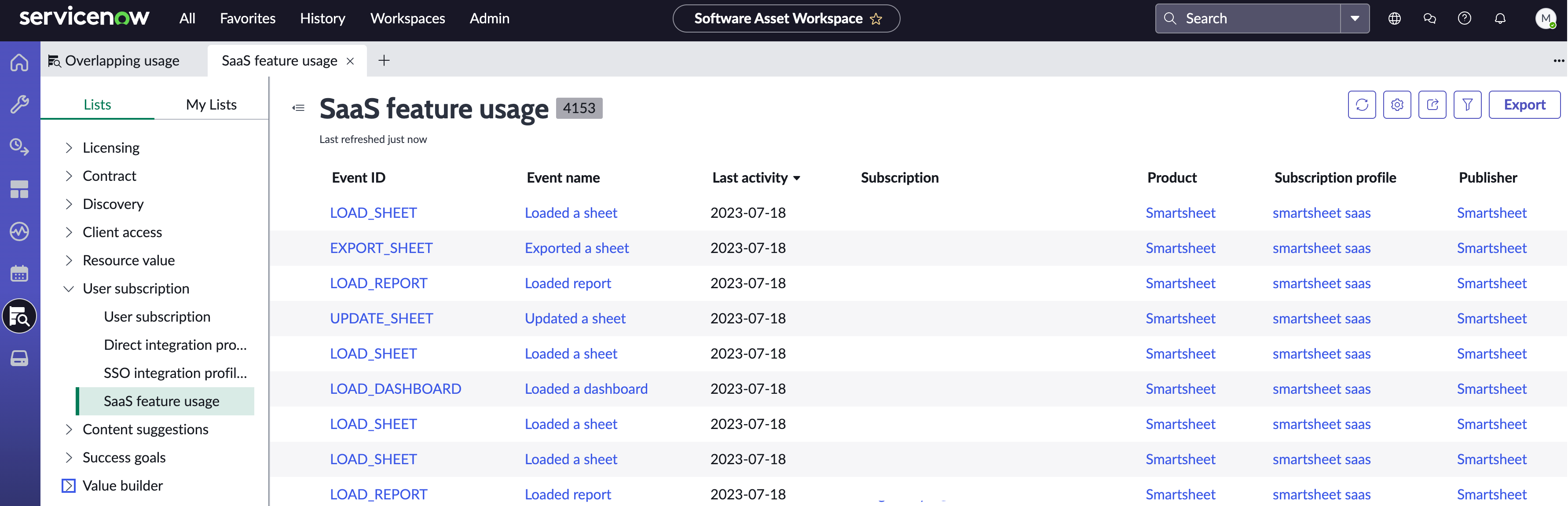 SaaS feature usage page in the Overlapping usage view showing the event details for each integration.