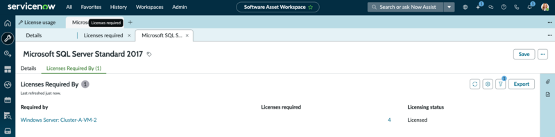 Licensing status of the software install on various hosts within a cluster.