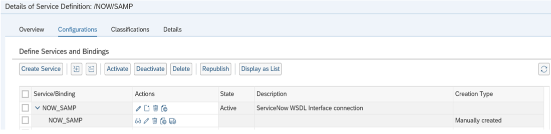 Details of Service Definition screen showing available services and bindings