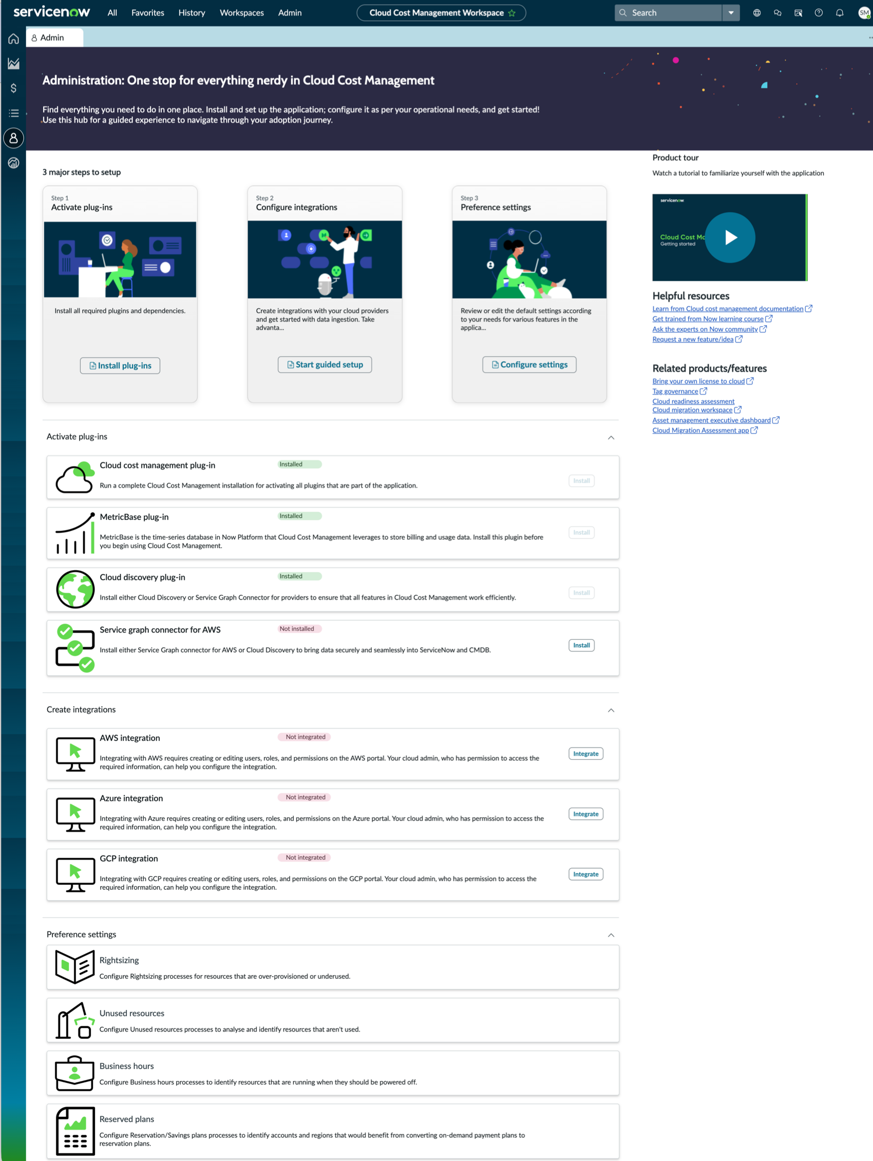 Admin page of the Cloud Cost Management Workspace