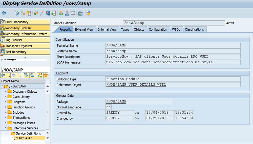 Service Definition on the Object Navigator page