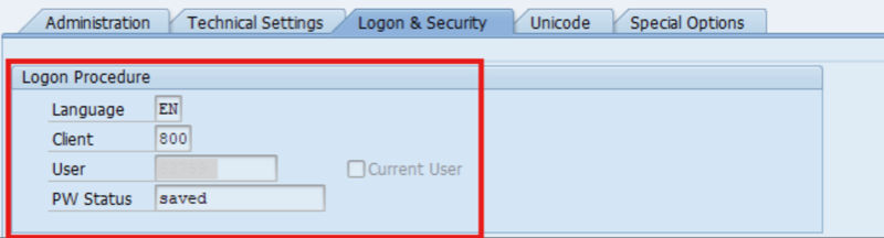 Required fields including Language, Client, User, and PW Status in RFC connection