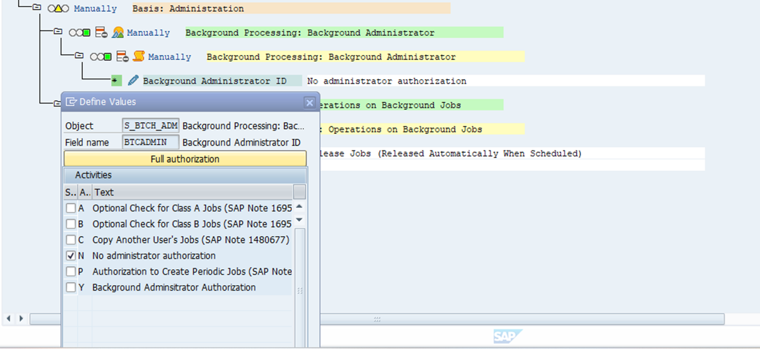 Adding authorization object for administration and activities in the SAP