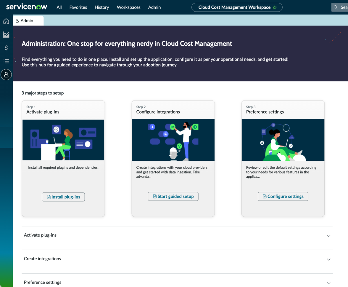 Admin view in Cloud Cost Management Workspace.