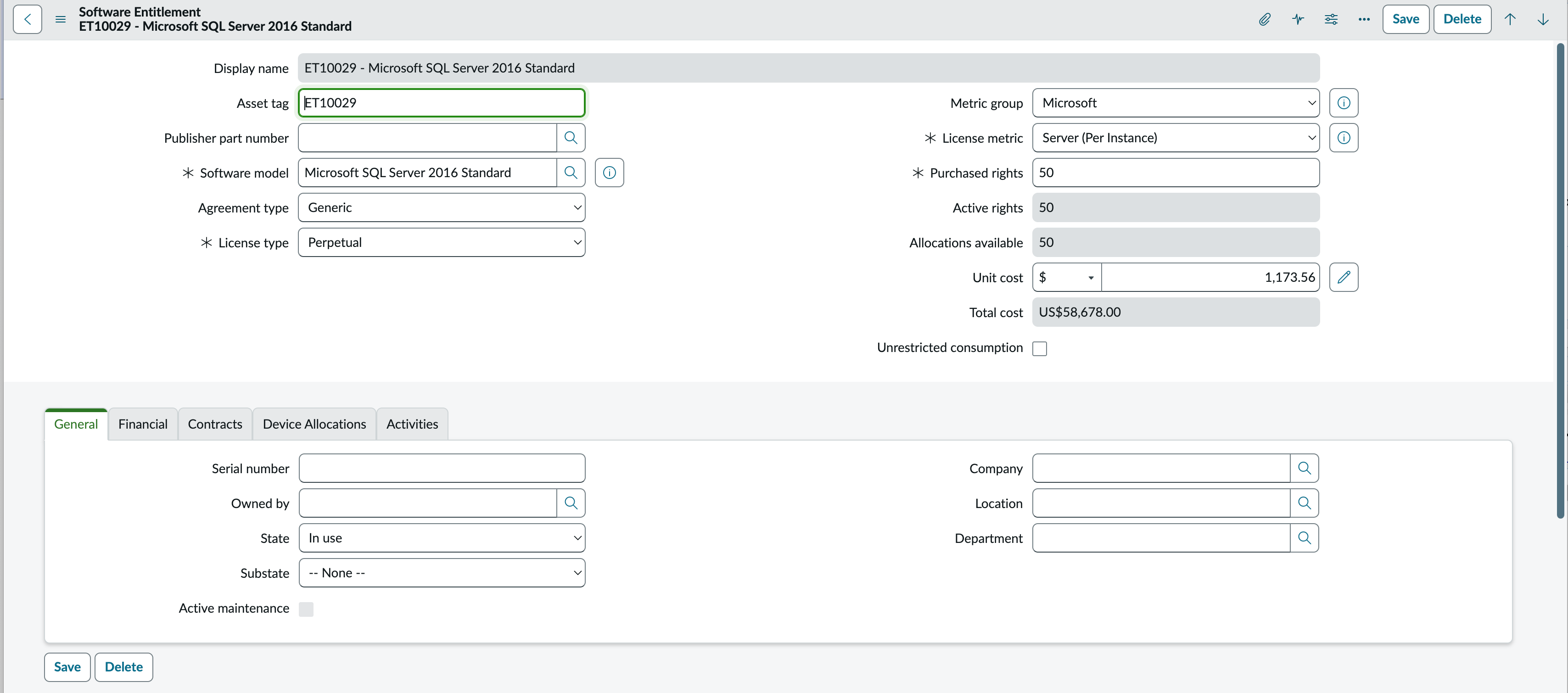 Software Entitlement form with a Perpetual License Type selected.