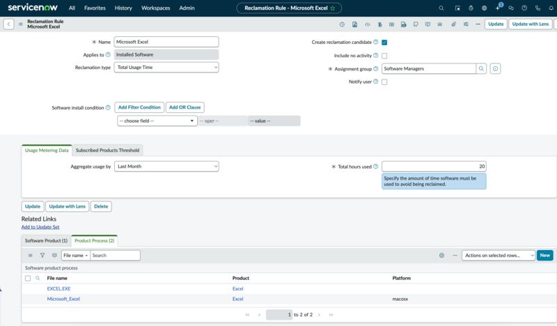 Reclamation Rule form with two product processes added to the Product Process related list.