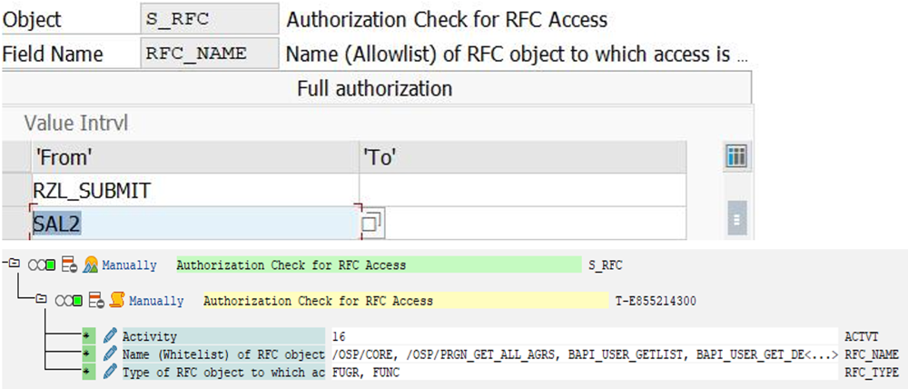 Adding authorization object for RFC access, activity, and type in the SAP satellite system