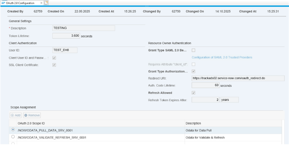 OAuth 2.0 configuration page on SAP portal